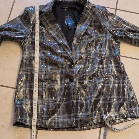 NWT Torrid Sequin Button Front Blazer Plaid blue black satin interior size L - Picture 6 of 14